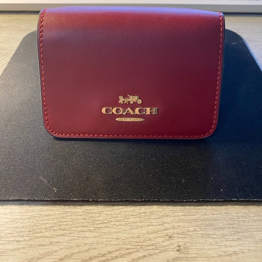 Women's COACH trifold wallet - burgundy accent on brown "C" signature - Picture 2 of 5